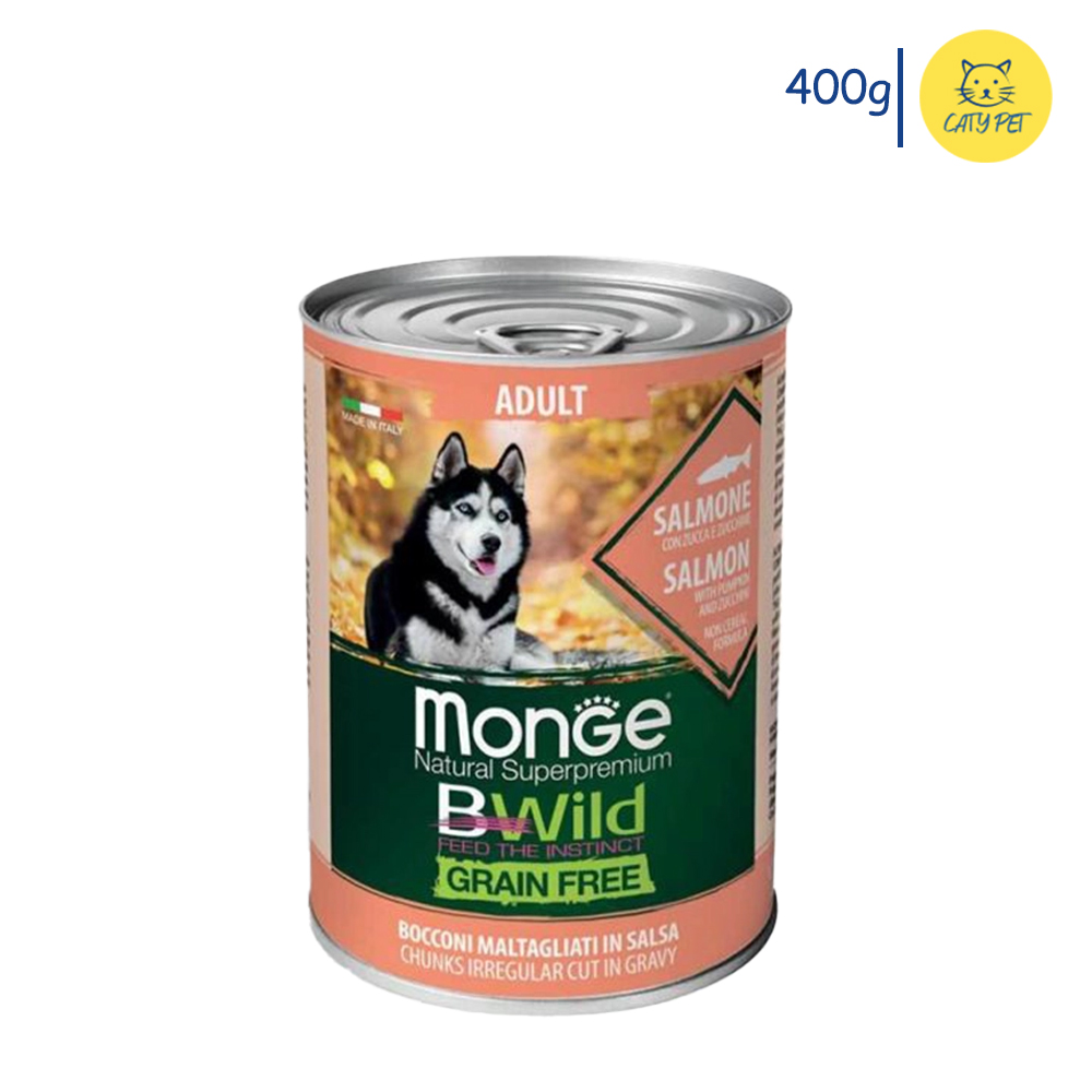 کنسرو سگ بالغ مونژه Monge Bwild Grain Free All Breeds بدون غلات طعم سالمون، کدو حلوایی و کدو سبز وزن 400 گرم