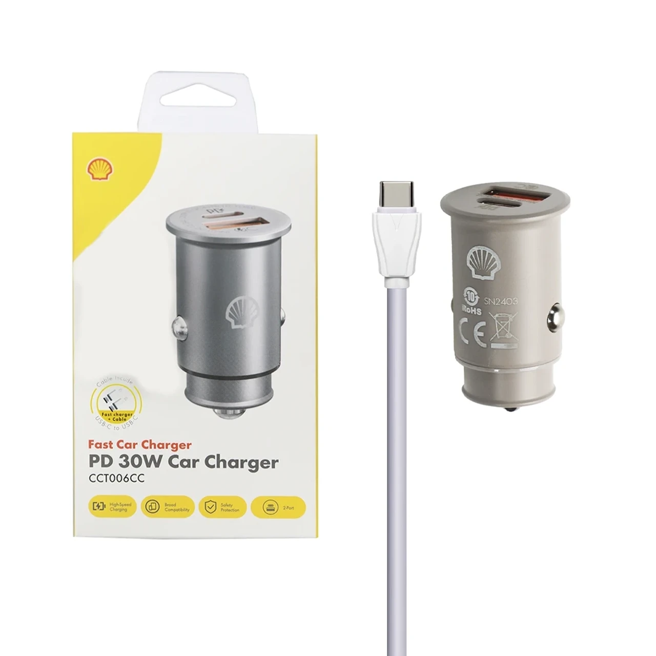 شارژر فندکی PD و فست دو پورت Shell مدل CCT006CC 30W - طوسی