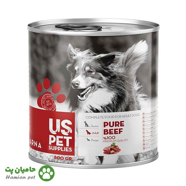 کنسرو سگ یو اس پت (US pet) طعم گوشت خالص گوساله ۸۰۰ گرم