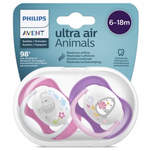 پستانک اونت اولترا ایر 6 تا 18ماه ۲عددی avent ultra air پنگوئن و فیل