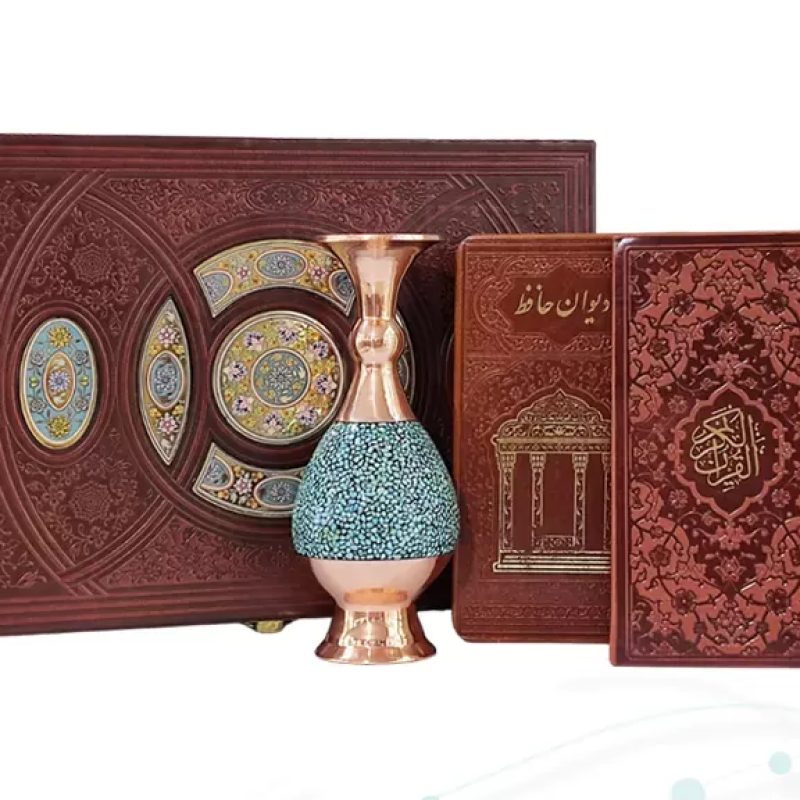 قرآن و حافظ پالتویی چرم با گلدان فیروزه