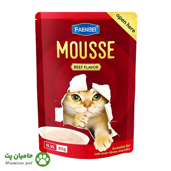 پوچ گربه فنبی(FAENBEI) مدل موس با طعم گوشت گوساله وزن ۸۵ گرم