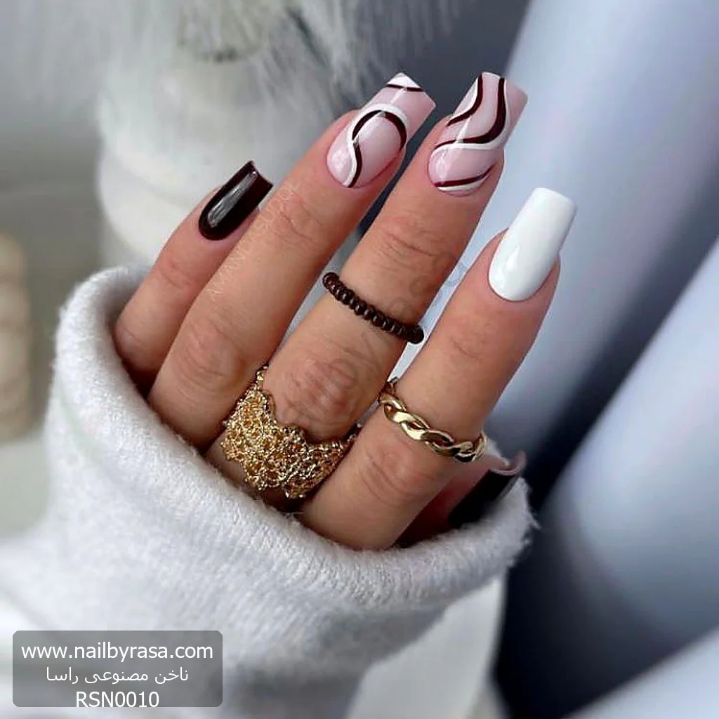 ناخن مصنوعی طرح موج‌دار (Swirl) شرابی و سفید مربعی بلند راسا - RSN0010