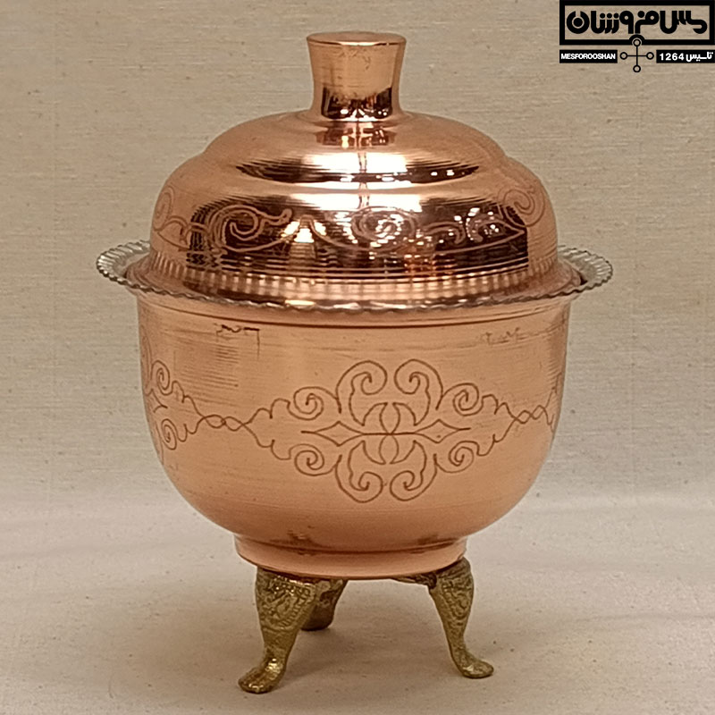 قندان مسی زنجان 3 پایه برنجی | سایز 2 قطر 11 | قندون مسی طرحدار نانو شده مدل آدونیس