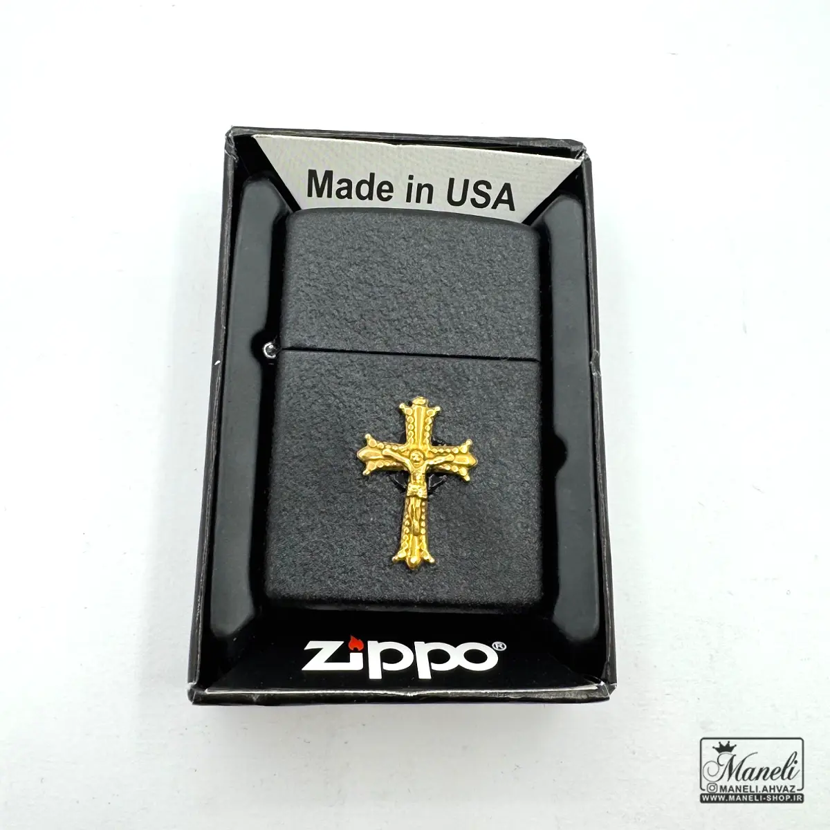 فندک بنزینی ZIPPO مشکی طرح صلیب طلایی