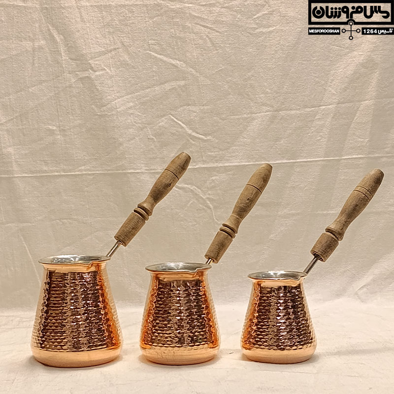 قهوه جوش ارمنی مسی چکشی دسته چوبی مدل فلت وایت