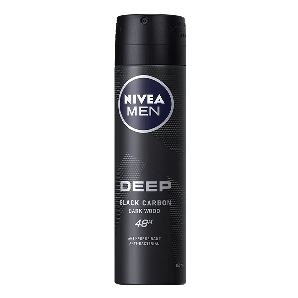 اسپری ضد تعریق مردانه دیپ بلک نیوا دارک وود ماندگاری 48 ساعته Nivea Deep Black Carbon Darck Wood Spray 150Ml