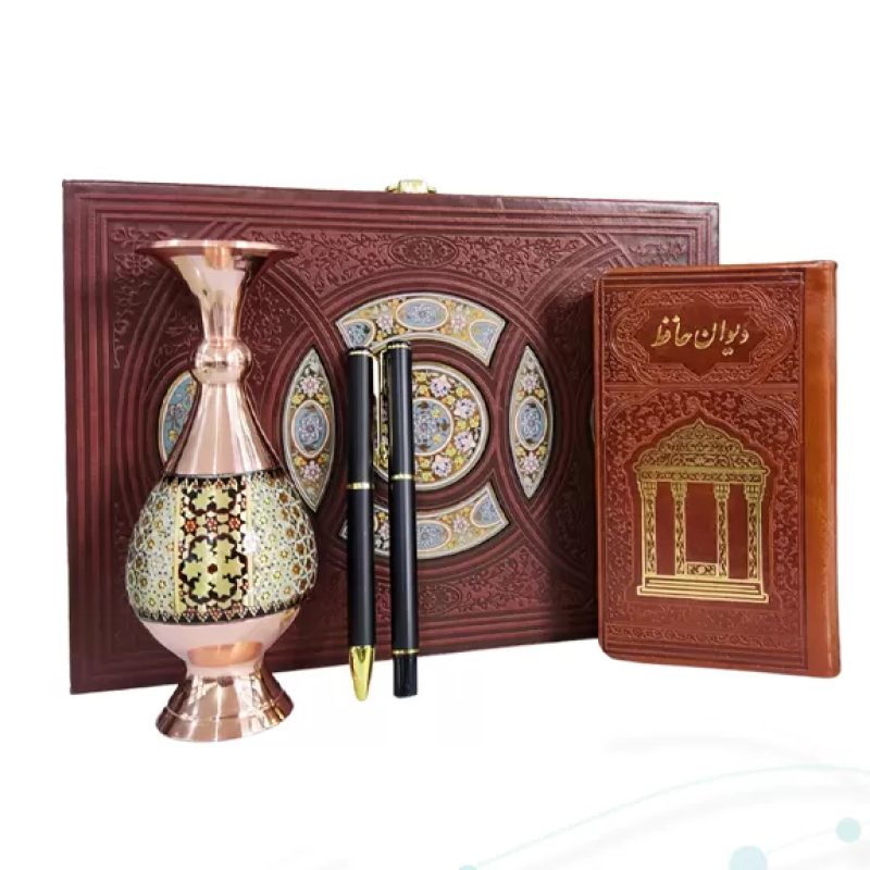 حافظ پالتویی چرم با گلدان خاتم و خودکار و روان نویس