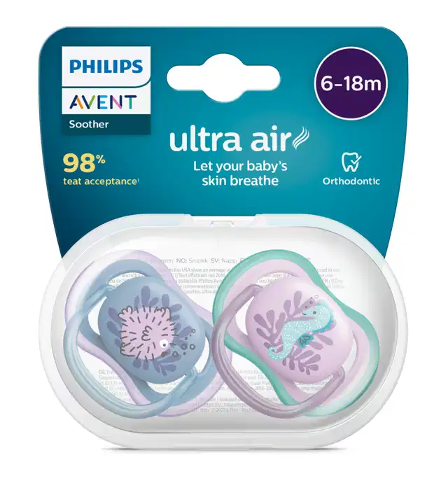 پستانک اونت اولترا ایر 2عددی 6 تا 18ماه avent ultra air طرح اسب دریایی و ماهی
