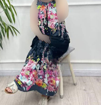 سارافون راحتی خانگی بلند طرح حاشیه گلدار - مشکی
