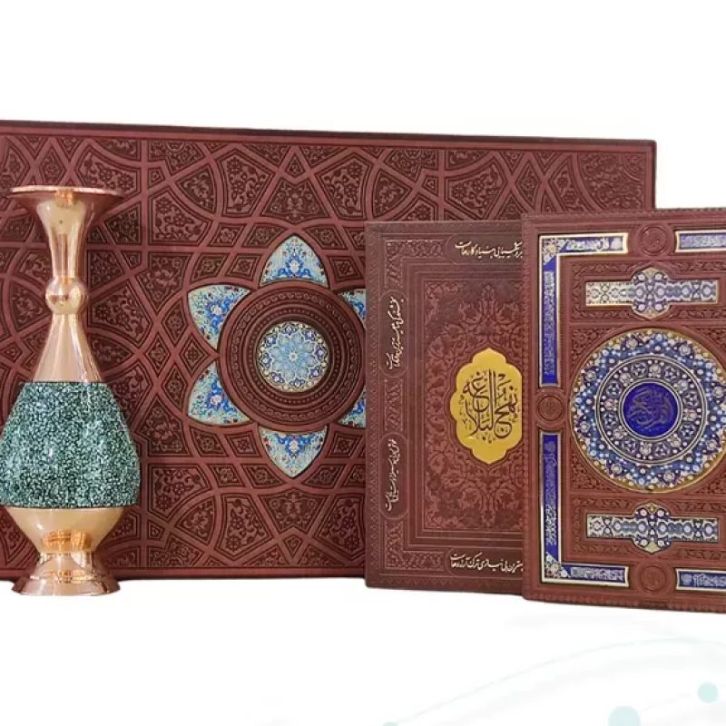 قرآن و نهج البلاغه وزیری چرم با گلدان بزرگ فیروزه