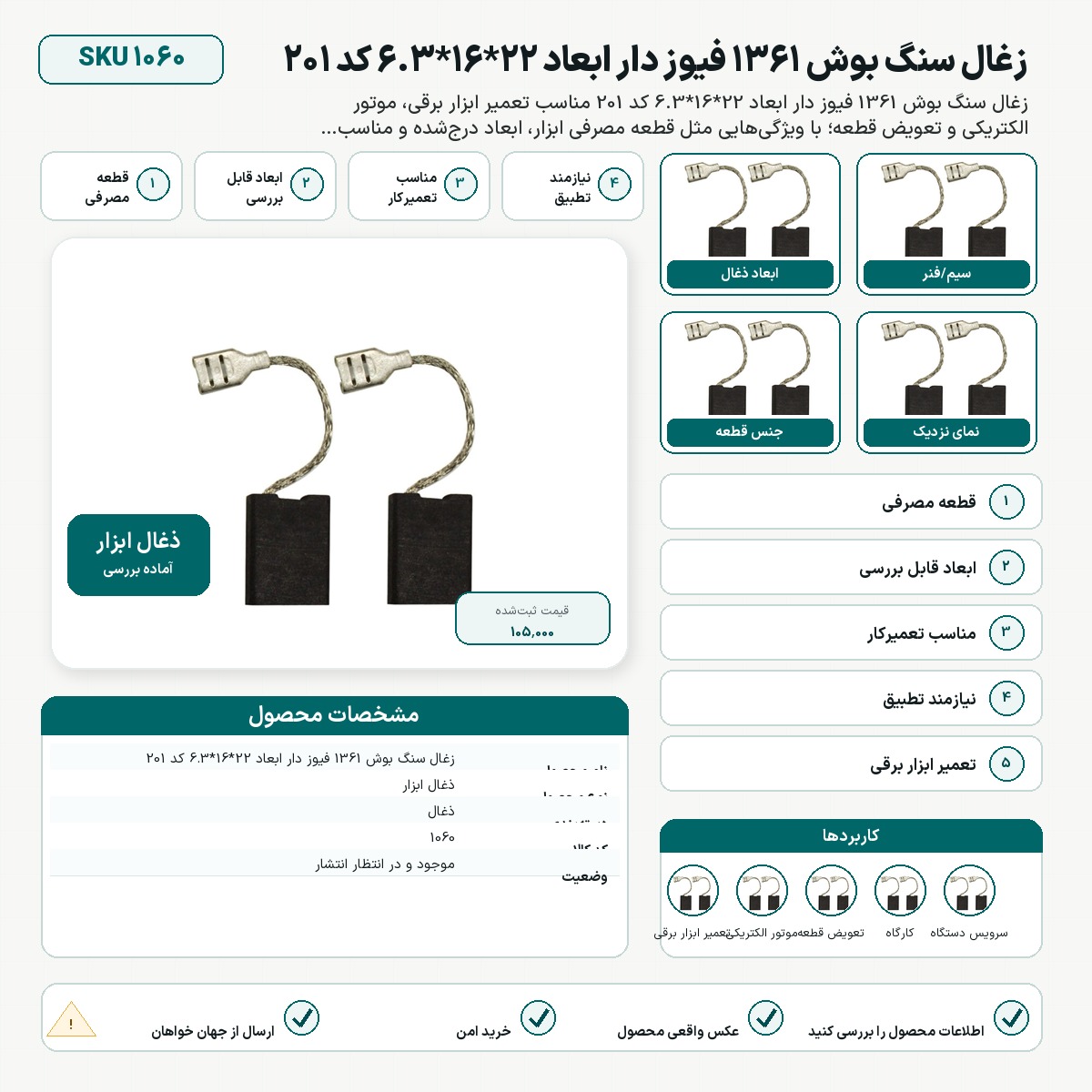 زغال سنگ بوش 1361 فیوز دار ابعاد 22*16*6.3 کد 201