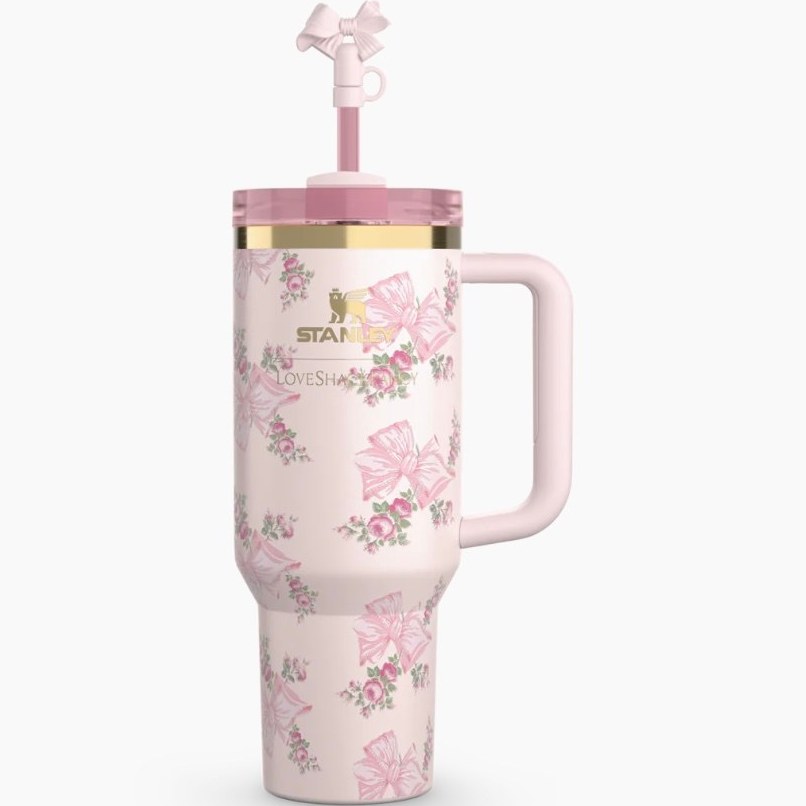 ماگ دسته دار استنلی گلدار صورتی پاپیونی ۱.۱۸ لیتر مدل Quencher Tumbler H2.0