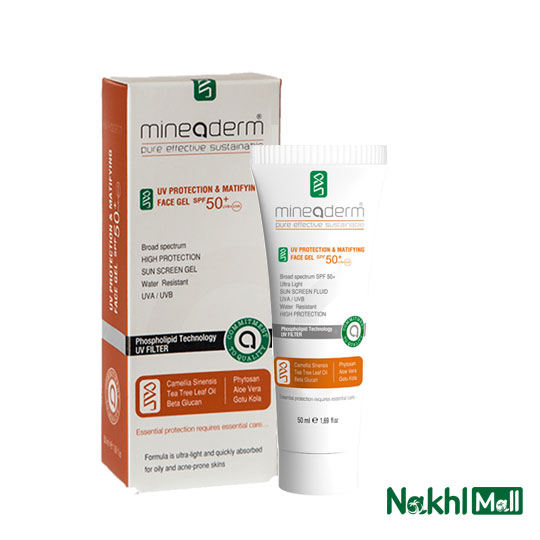 ژل ضدآفتاب پوست چرب ماینودرم بدون رنگ و ضدجوش spf 50 mineaderm