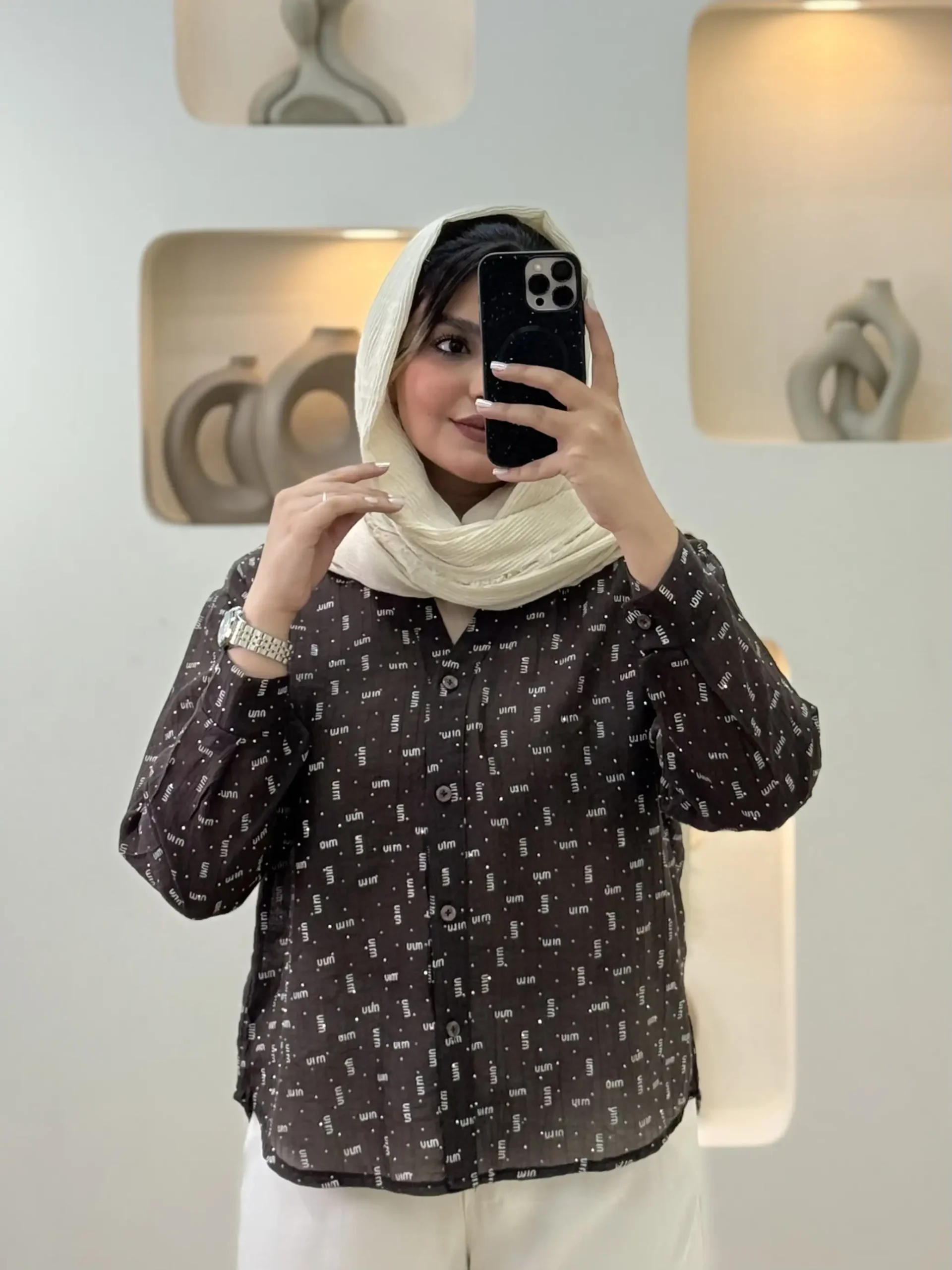 تیشرت شیشه ای نگینی آستین بلند - قهوه ای