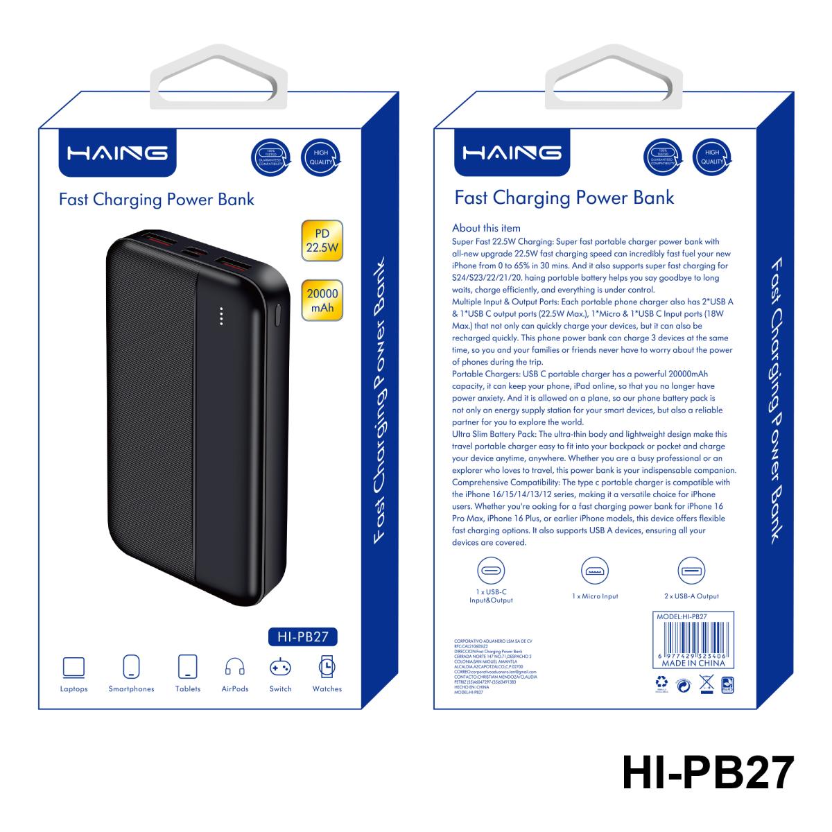 POWER BANK HAING 20000mAh HAINGپاوربانک 20000مدل HI-PB27 هینگ