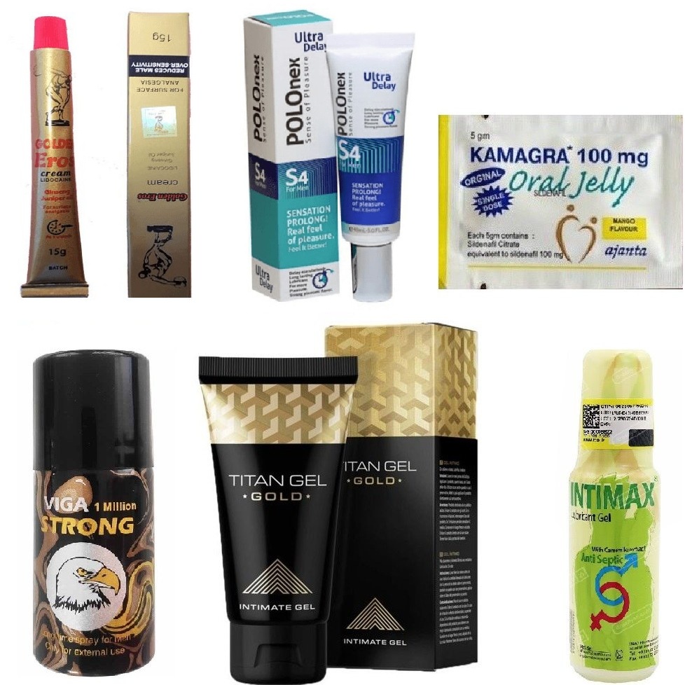 پکیج زناشویی 2 ( اسپری تاخیری ویگا 1 ملیون + کرم تاخیری پلونکس (پولونکس) + کرم تاخیری ارورس ایروس گلدن + ژل خوراکی تقویت نعوظ و محرک آقایان کاماگرا + ژل حجم دهنده تیتان گلد + روان کننده و انتی باکتریال اینتی مکس ) (کپی)
