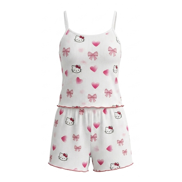 تاپ شلوارک کبریتی طرحدار Hello kitty صورتی ویولت کد 4442