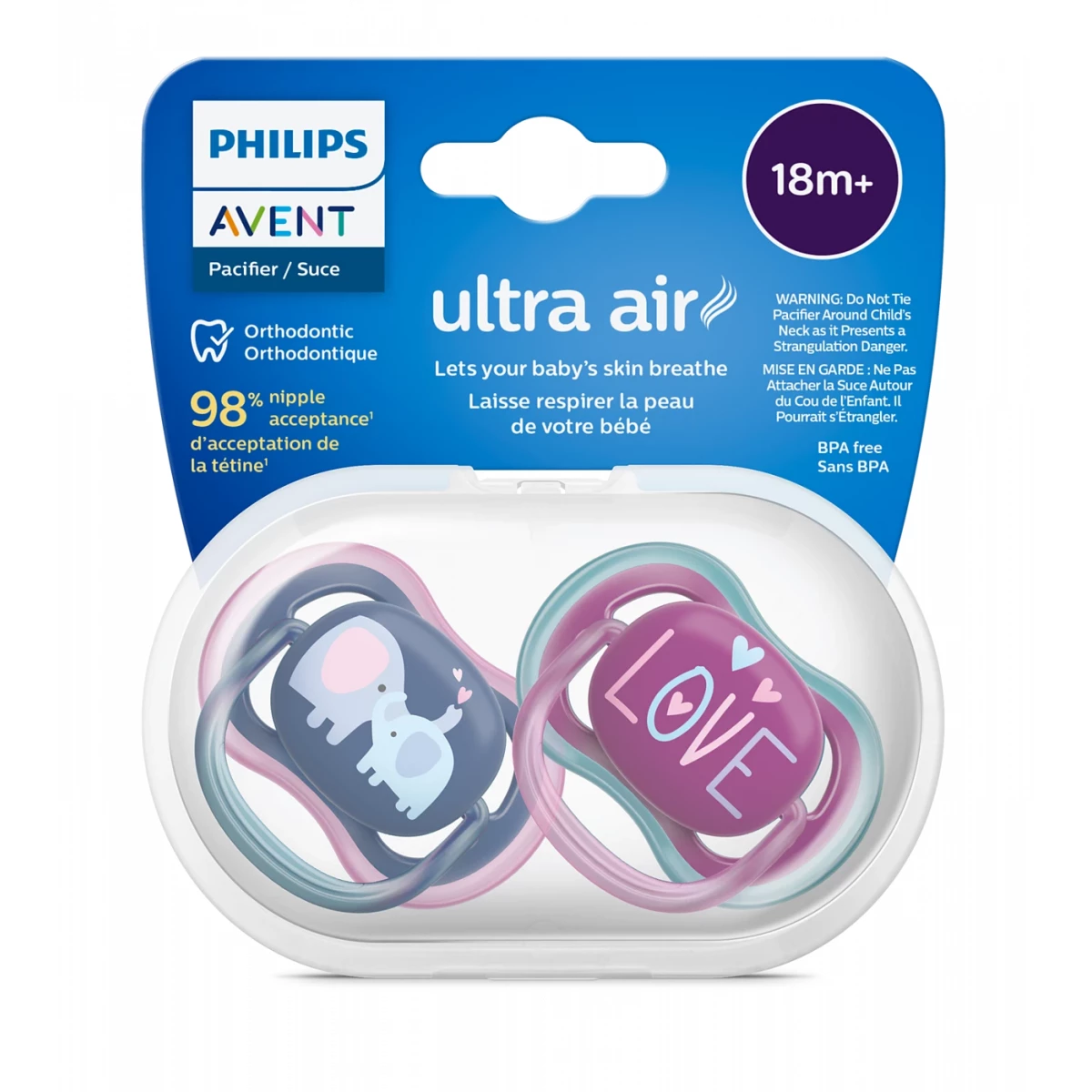 پستانک اونت فیلیپس +18 ماه مدل Ultra Air LOVE کد SCF349/22 (دو عددی، ارتودنسی، سیلیکونی)