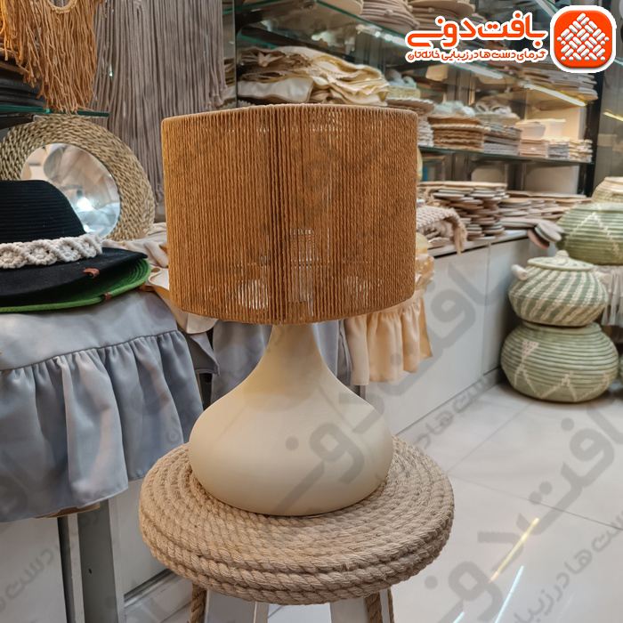 آباژور رومیزی رافیا کرم پایه فلزی کد 015111