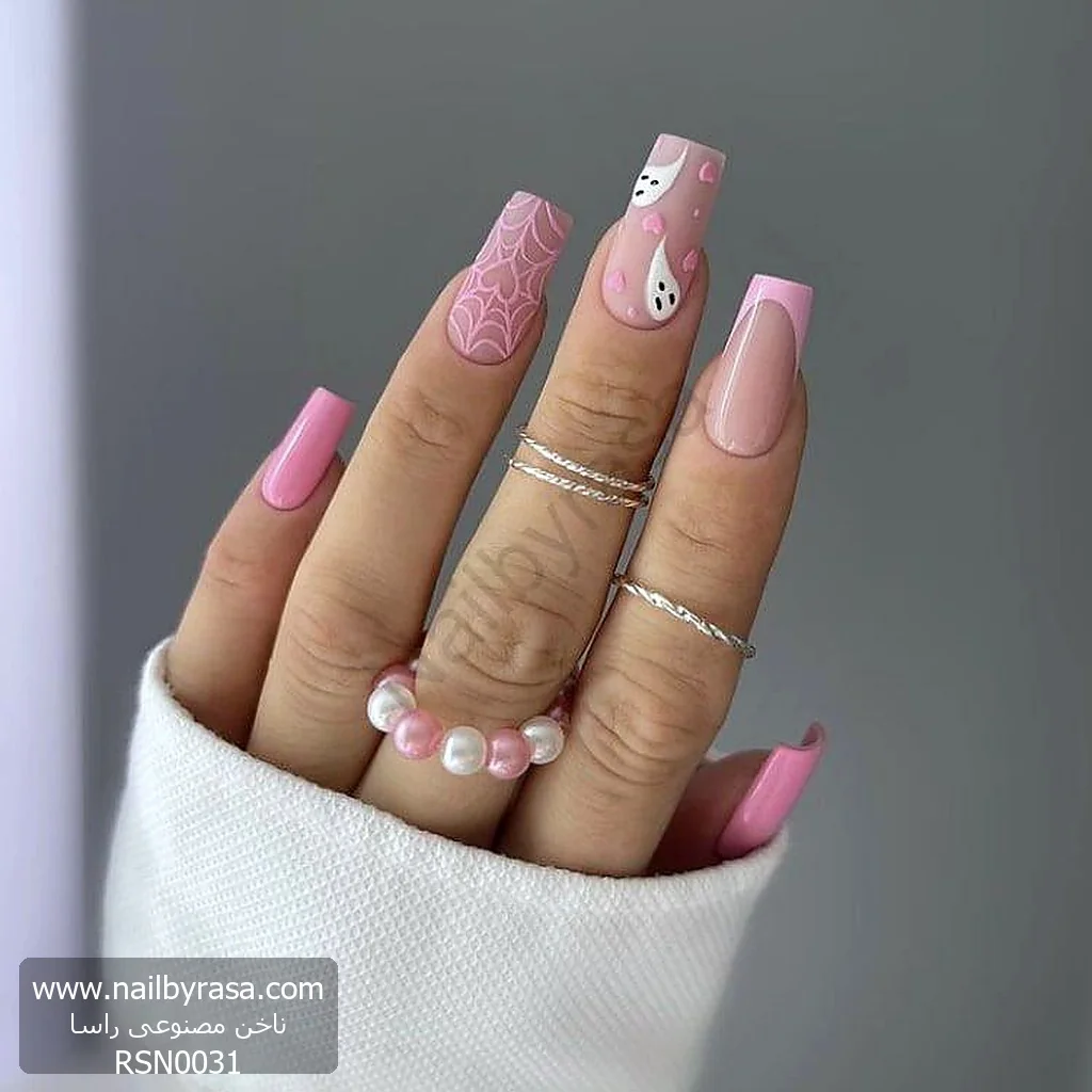 ناخن مصنوعی طرح روح و تار عنکبوت هالووین صورتی (Pinkoween) مربعی بلند راسا - RSN0031