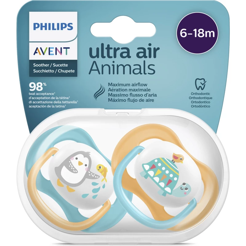پستانک اونت اولترا ایر 2عددی 6 تا 18ماه avent ultra air طرح لاک پشت و پنگوئن