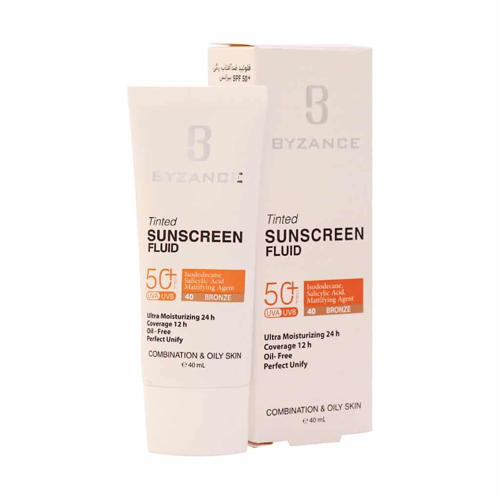 فلوئید ضد آفتاب کرم پودری +SPF50 مناسب پوست مختلط و چرب رنگ برنز بیزانس 40 میلی لیتر