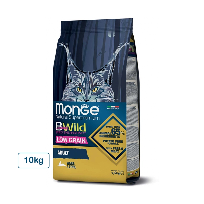 غذای خشک گربه بالغ مدل Monge BWild Low Grain Adult Cat Hare با گوشت خرگوش و کم غلات وزن 10 کیلوگرم