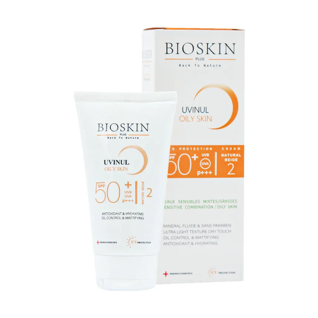 کرم ضد آفتاب SPF50 پوست چرب بایو اسکین پلاس 40 میل بژ طبیعی