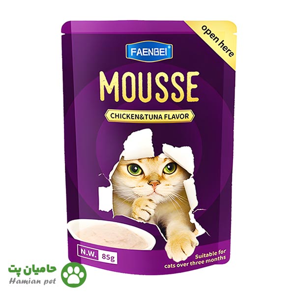 پوچ گربه فنبی(FAENBEI) مدل موس با طعم مرغ و ماهی تن وزن ۸۵ گرم