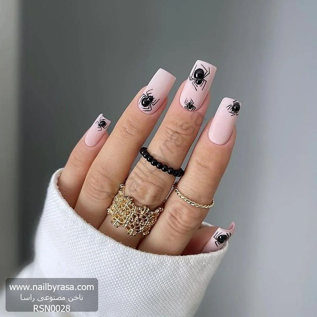 ناخن مصنوعی طرح عنکبوت برجسته و صورتی پاستلی مات مربعی بلند راسا - RSN0028