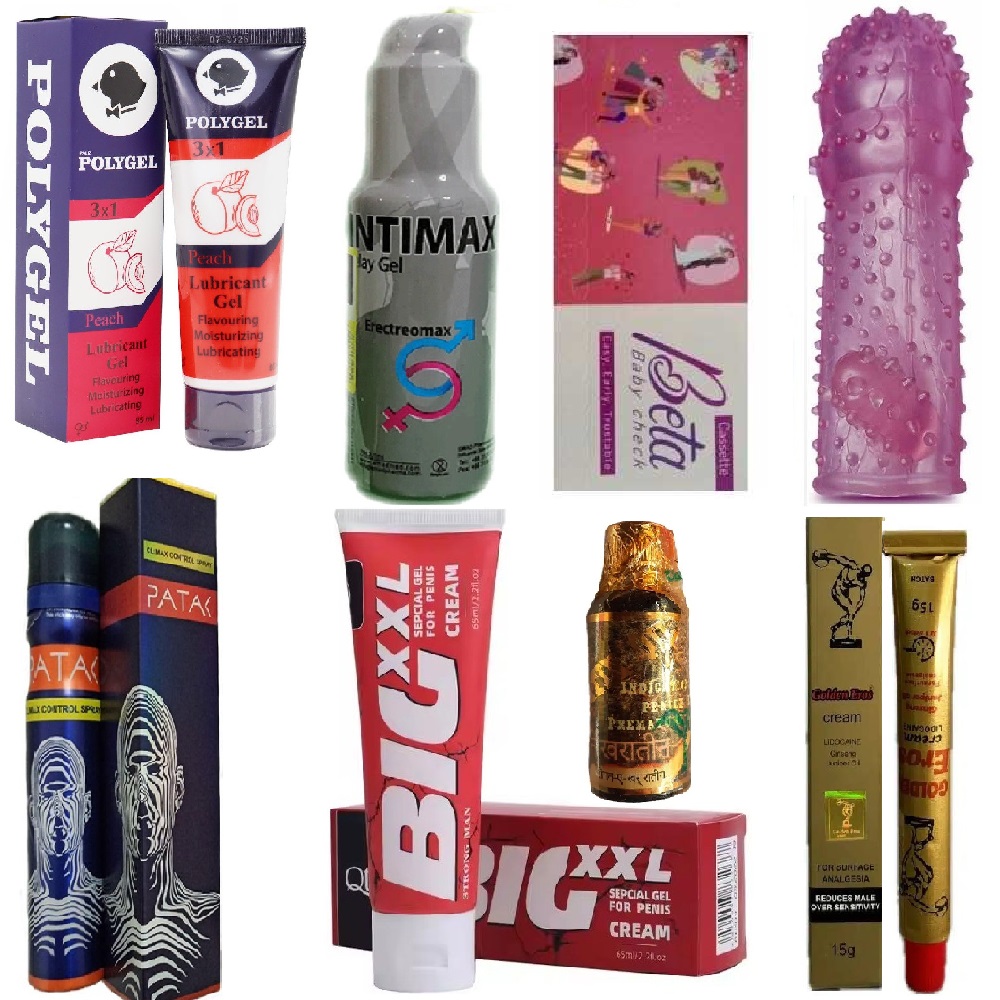پکیج زناشویی 1 ( کرم تاخیری گلدن اروس + حجم دهنده بیگ + اسپری تاخیری 3 کاره پاتک + کاندوم سیلیکونی خاردار ضخیم + روان کننده پلی ژل + تقویت نعوظ اینتی مکس + روغن حجم دهنده هندی + بیبی چک بتا )