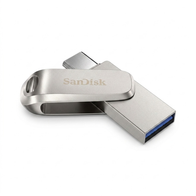فلش مموری سن دیسک مدل Ultra Dual Drive Luxe ظرفیت 64 گیگابایت با رابط تایپ سی و USB 3.2 Gen 1، سرعت خواندن 400 مگابایت بر ثانیه، طراحی تاشو و سازگار با سیستم‌عامل‌های Android، PC، Mac و iPad Pro - نقره ای