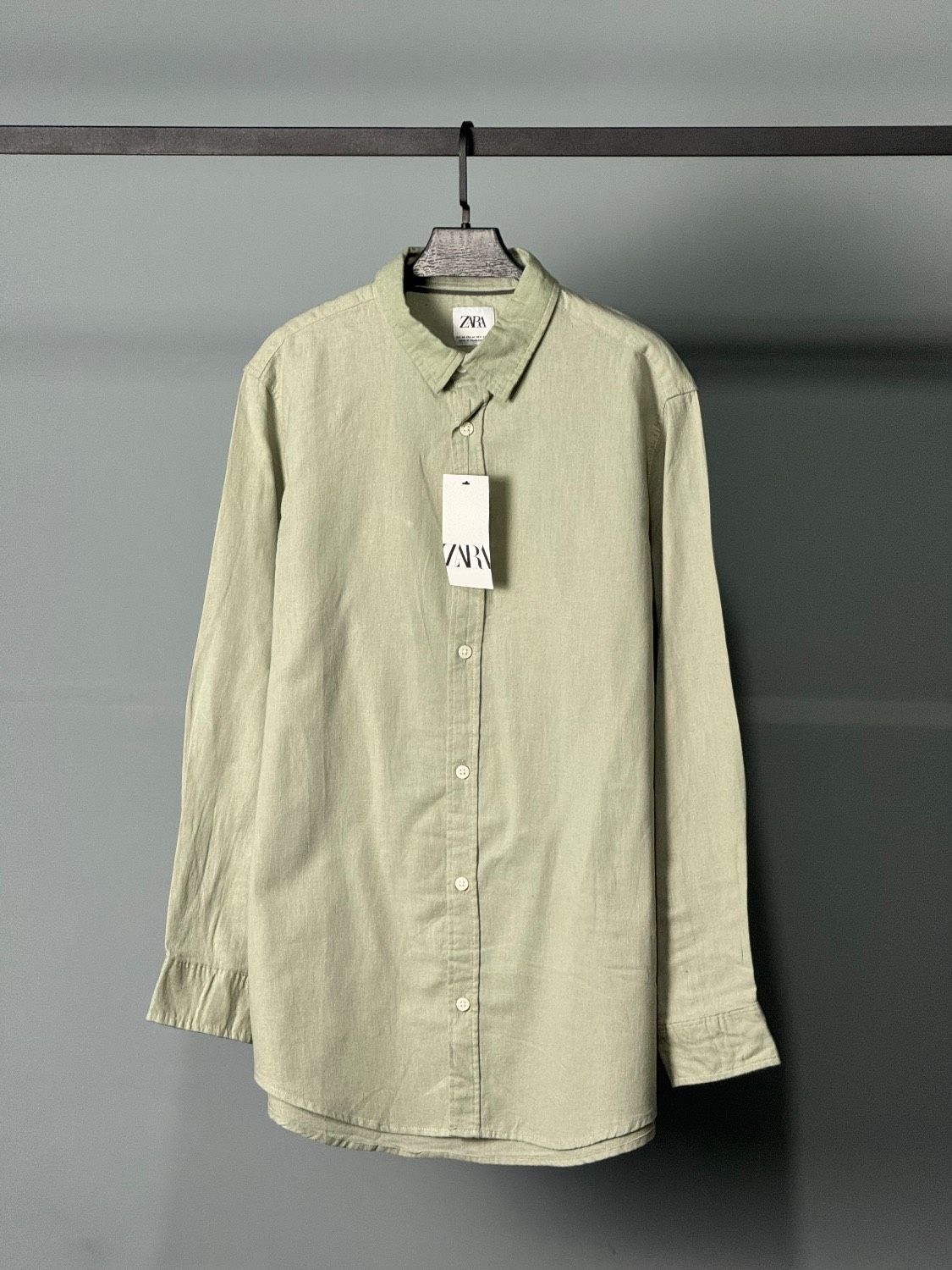 پیراهن لینن استین دار اورجینال برند(ZARA) پسته ای کد ۰۲۳۱