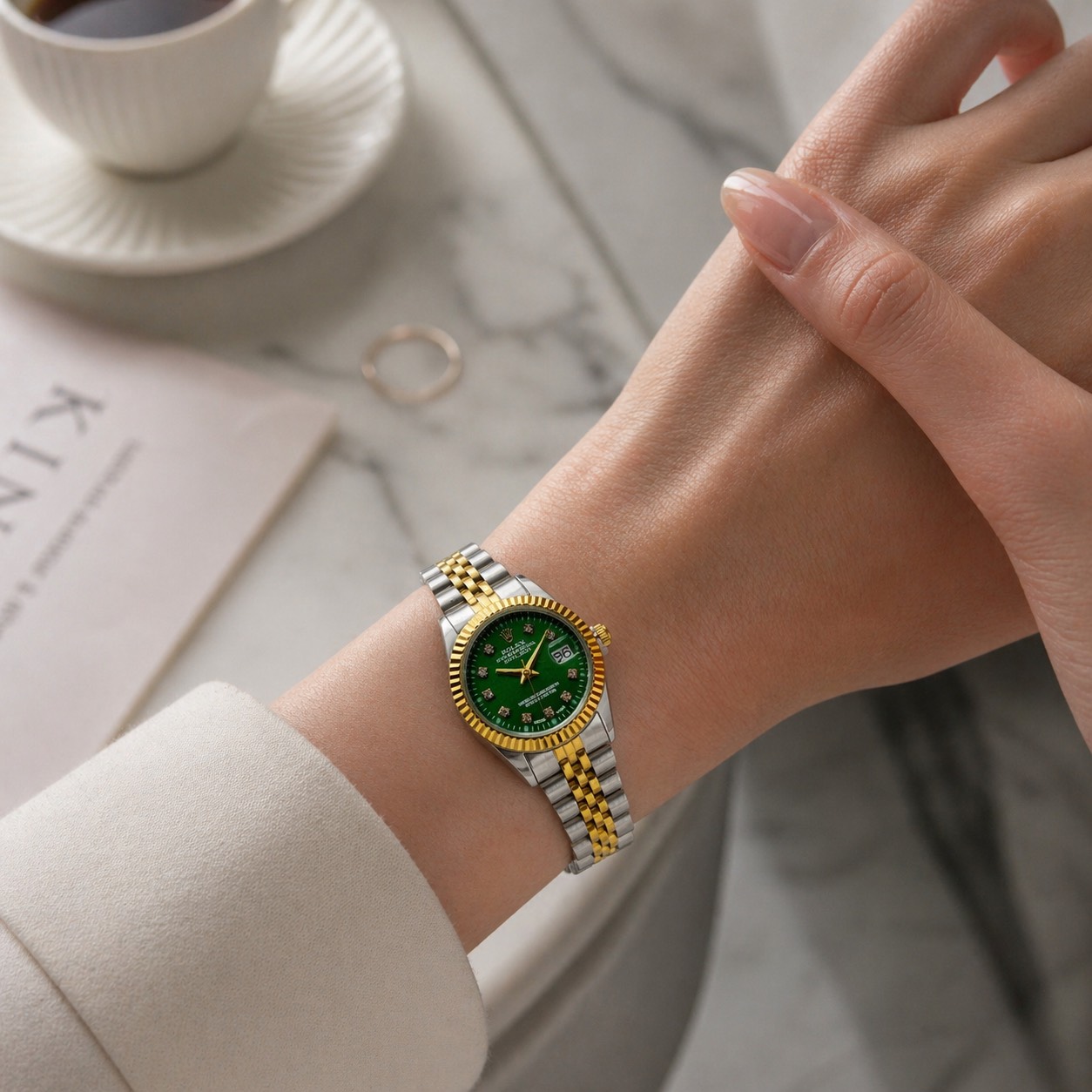 ساعت زنانه رولکس دیت‌جاست (DateJUST) بند استیل طلایی صفحه سبز (E) کد W067(nx)