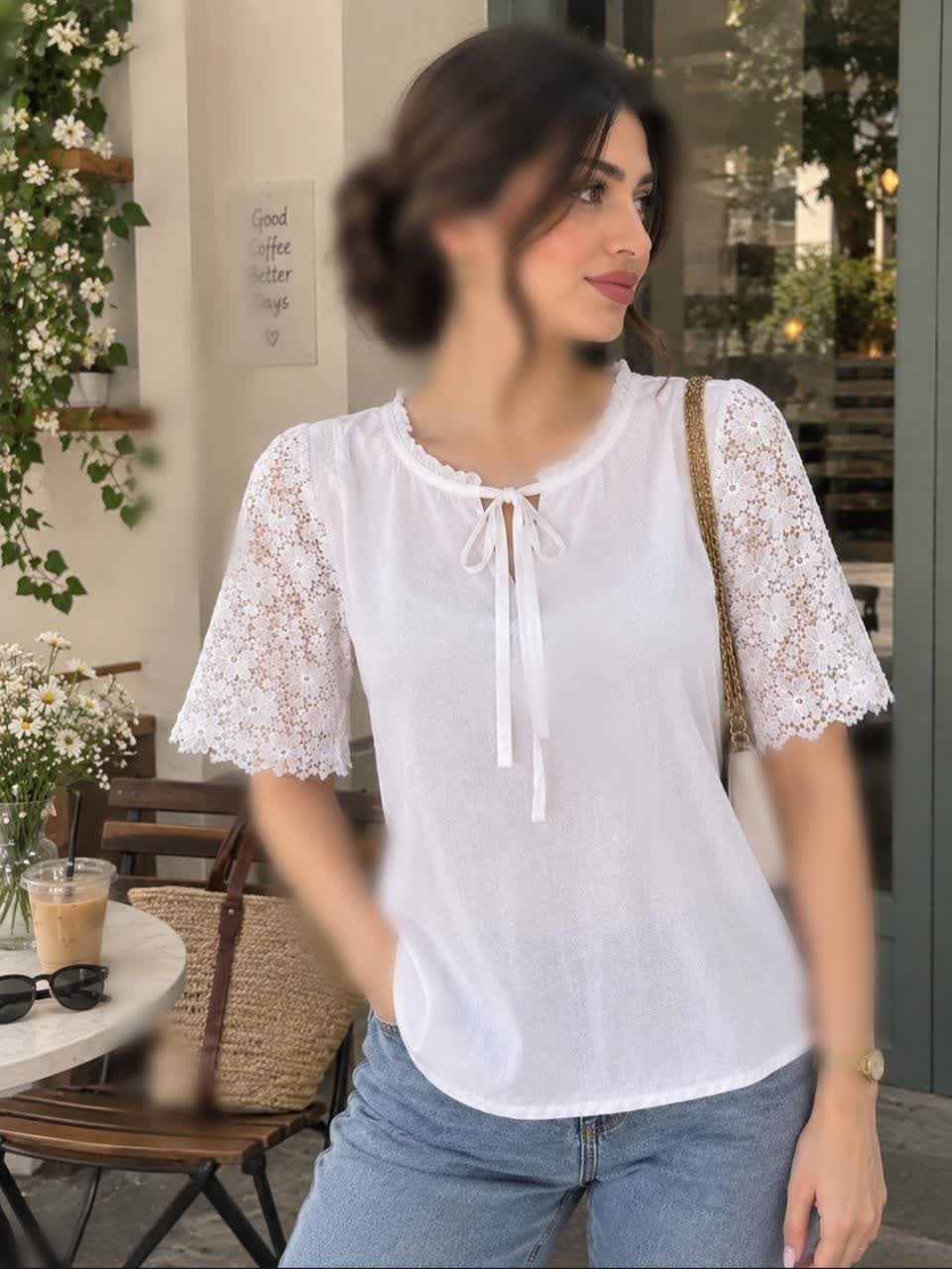 شومیز مجلسی وارداتی آستین گیپور زنانه دخترانه سفید