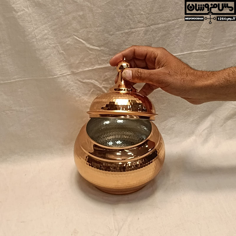 شکلات خوری مسی چکشی خمره ای در دار بدون پایه مدل ارشک
