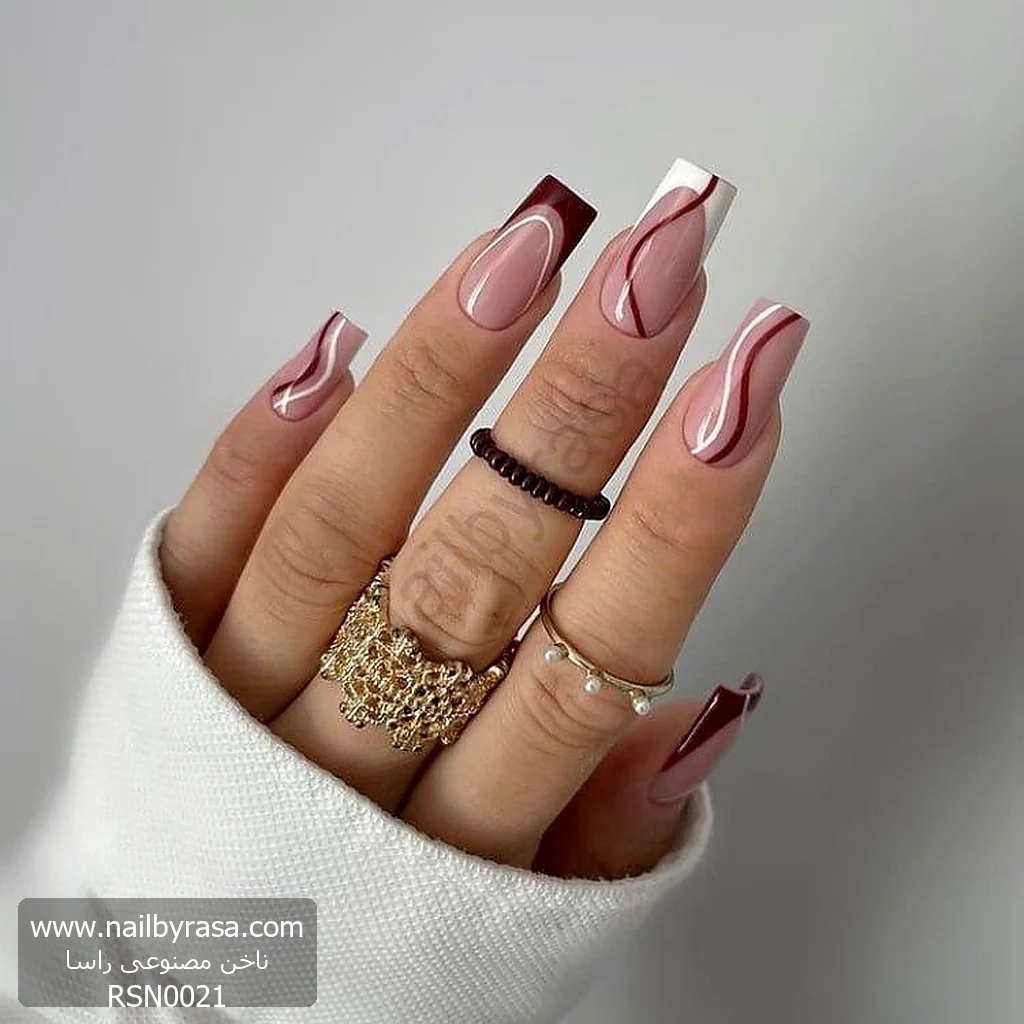 ناخن مصنوعی طرح موج‌دار (Swirl) زرشکی و سفید براق مربعی بلند راسا - RSN0021