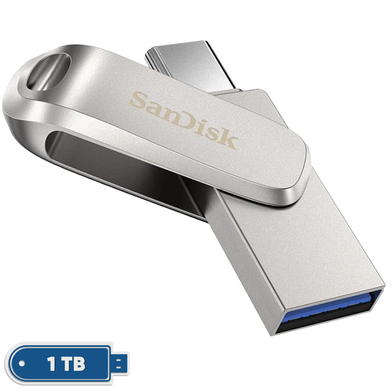 فلش مموری سن دیسک Ultra Dual Drive Luxe ظرفیت 1 ترابایت با دو رابط USB Type-C و USB Type-A، طراحی تاشو، فلزی، سازگار با ویندوز، مک، اندروید و iOS، استاندارد USB 3.2 Gen2 - نقره ای
