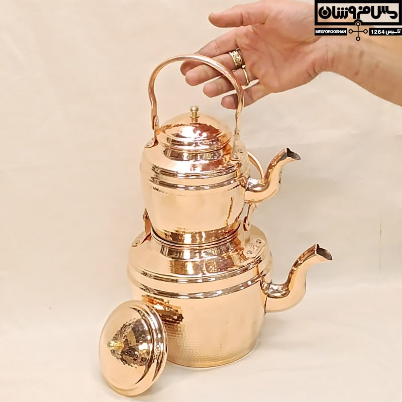 ست کتری قوری مسی زنجان چکشی دسته دار | 2/5 لیتر | مدل فرجام
