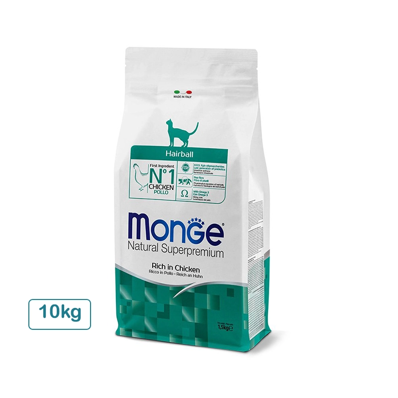 غذای خشک گربه بالغ مدل Monge Natural Superpremium Hairball Rich in Chicken وزن 10 کیلوگرم