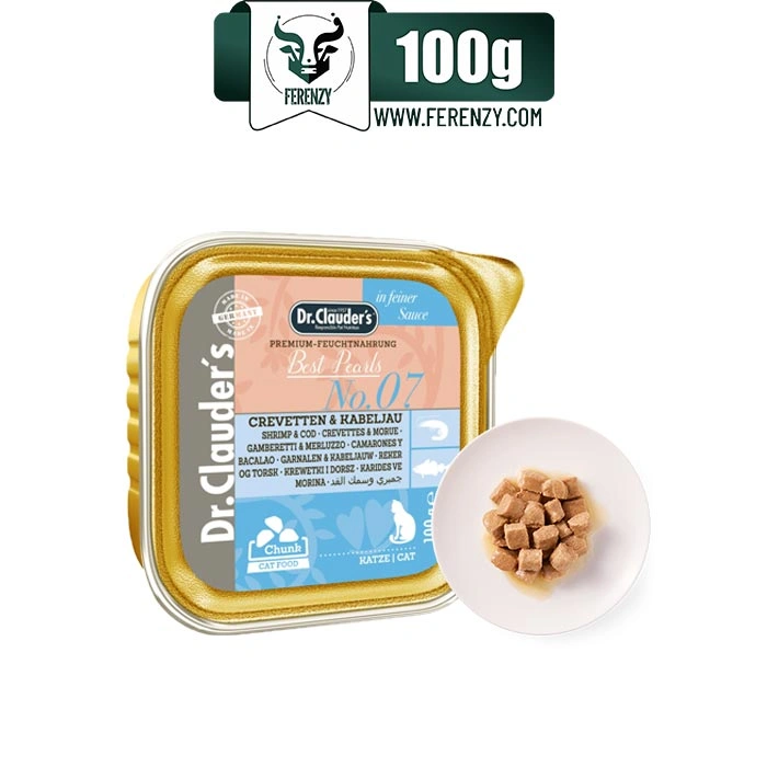 ووم گربه بالغ دکتر کلادرز طعم ماهی کاد و میگو مدل چانکی وزن 100 گرم Dr Clauders Best Pearls