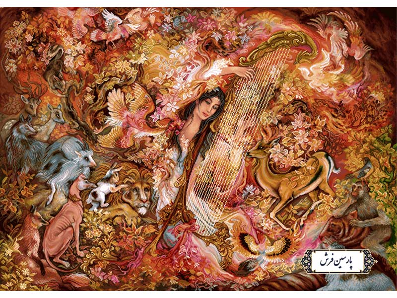 نخ و نقشه تابلو فرش مینیاتور دختر چنگ نواز - کد NM5657