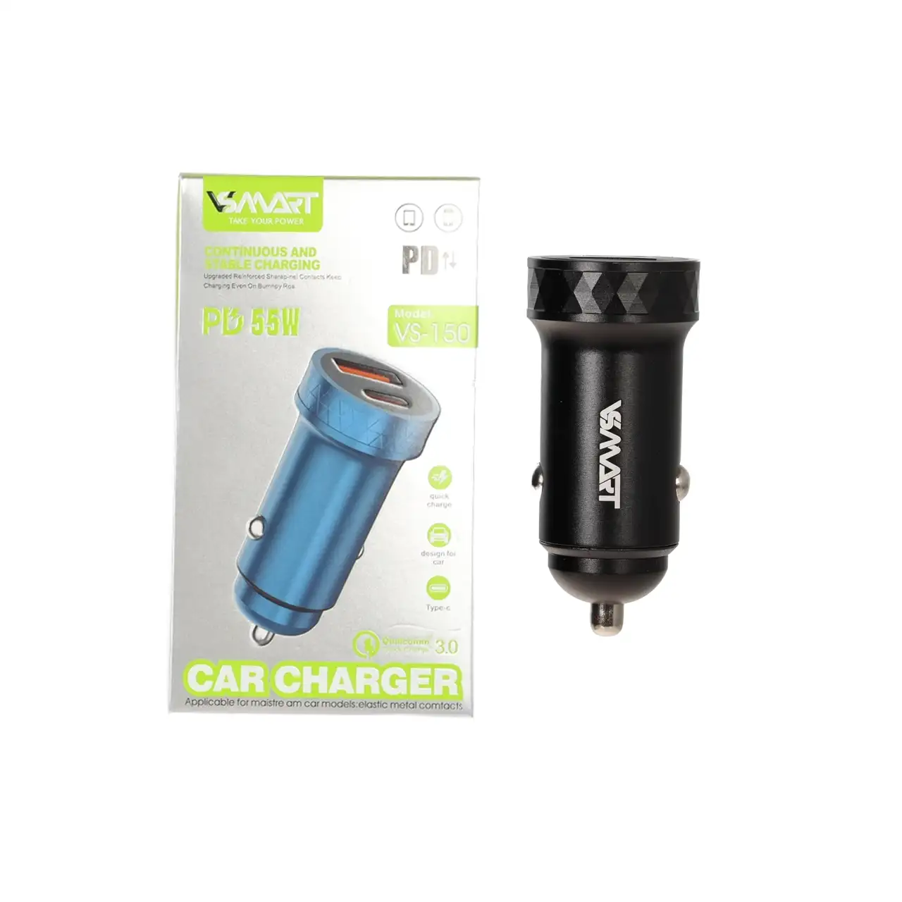 شارژر فندکی PD و فست دو پورت V-Smart مدل VS-150 55W - مشکی - BSA