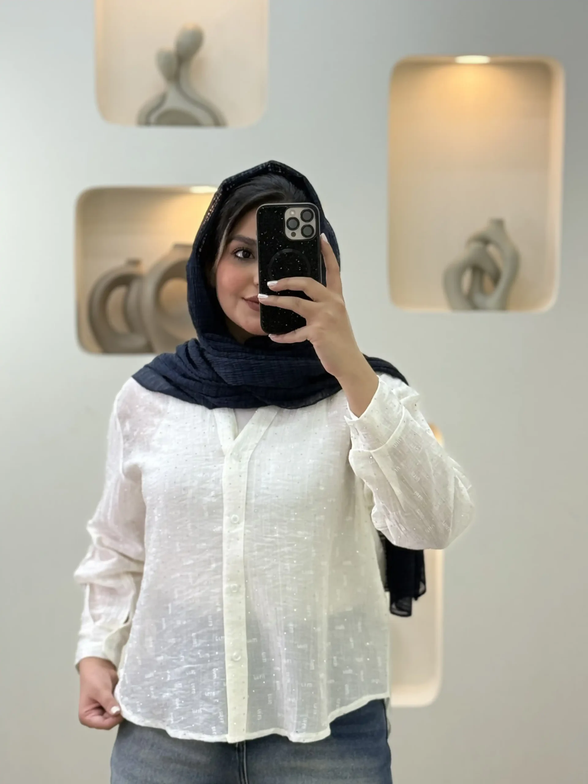 تیشرت شیشه ای نگینی آستین بلند - سفید
