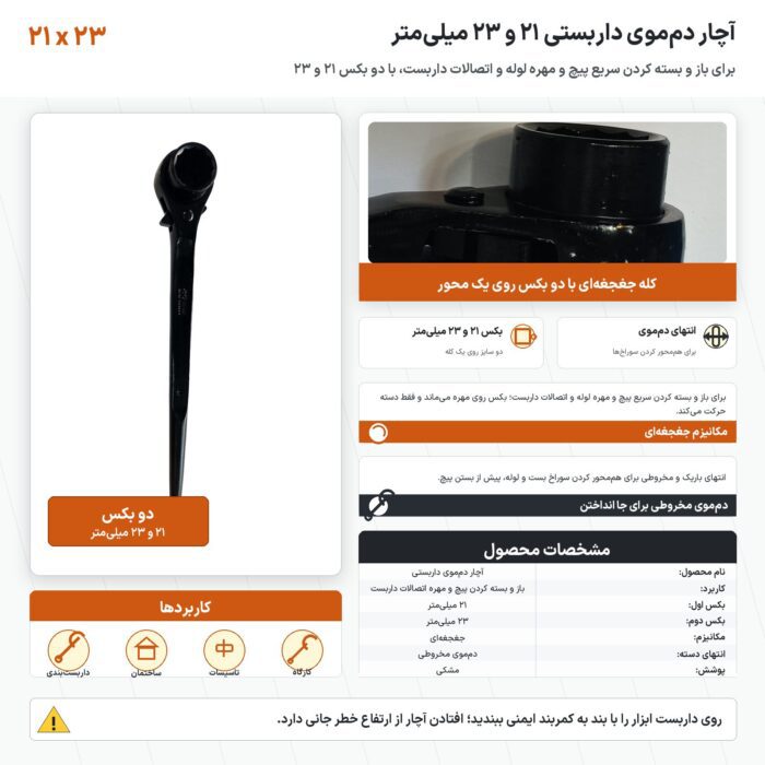 آچار دم‌موی داربستی جغجغه‌ای سایز ۲۱ و ۲۳ میلی‌متر