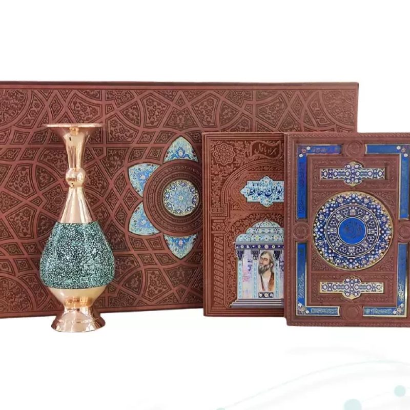 قرآن و حافظ وزیری چرم با گلدان بزرگ فیروزه