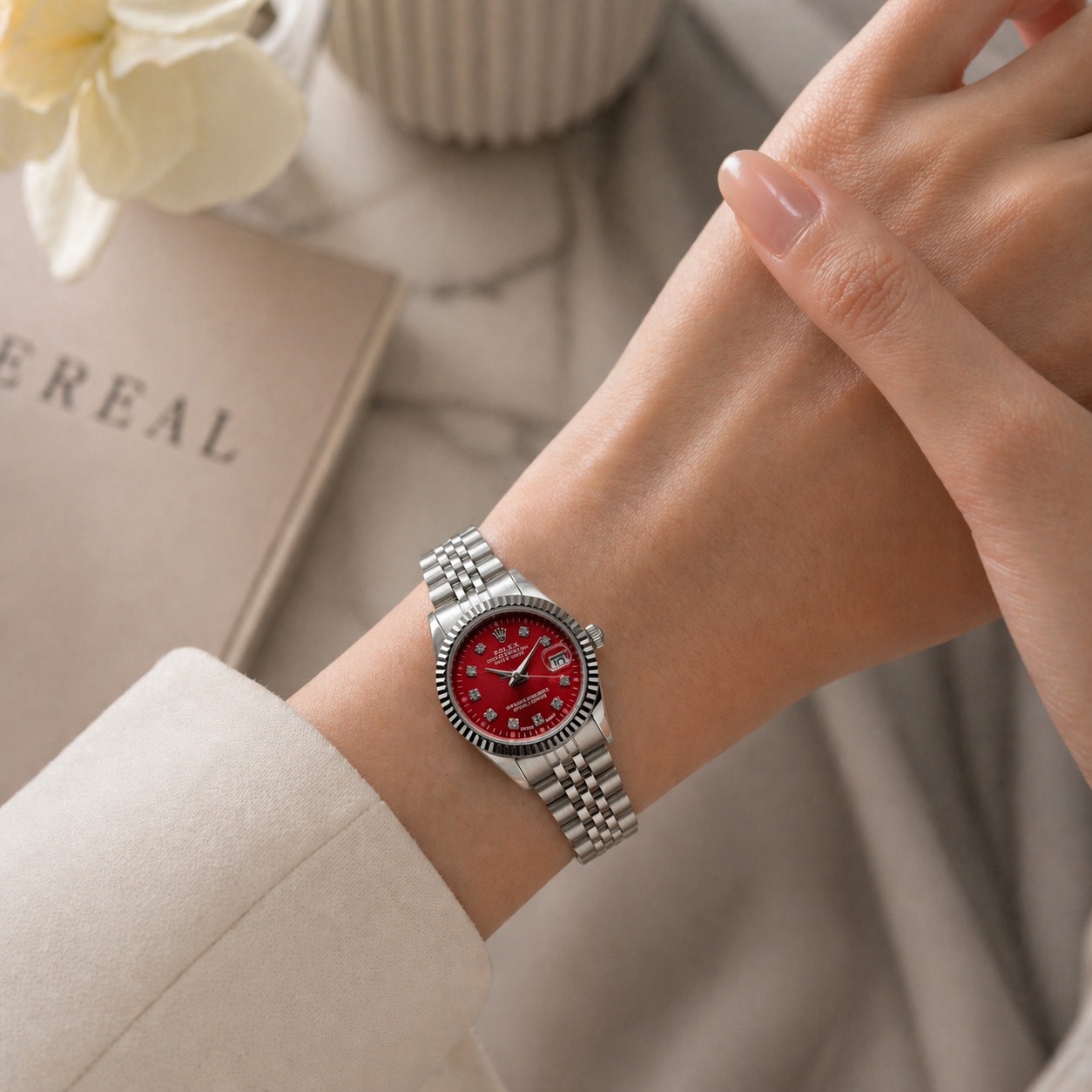 ساعت زنانه رولکس دیت‌جاست (DateJUST) بند استیل صفحه قرمز (E) کد W064(p1)