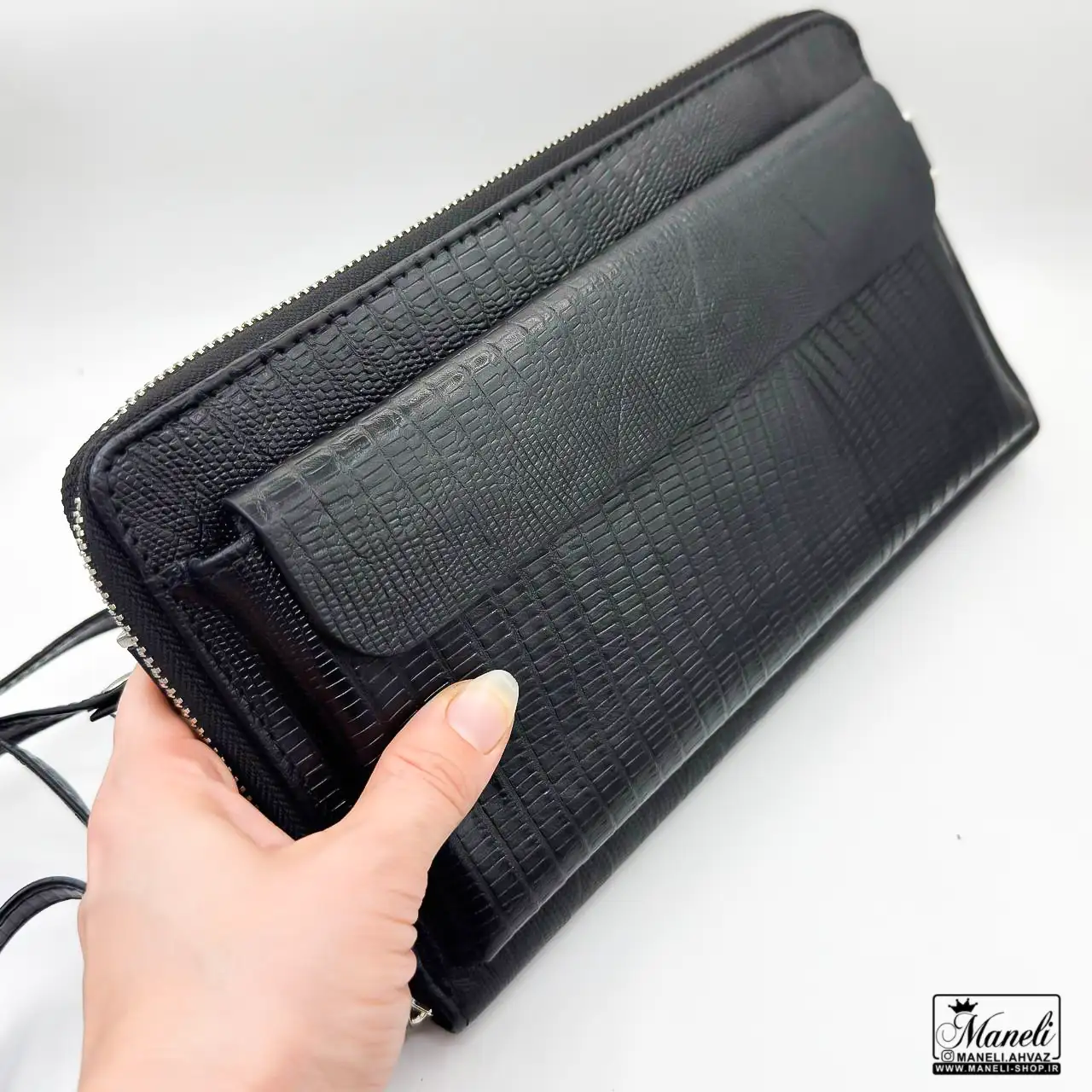 کیف دستی و دوشی چرم طبیعی مشکی کروکودیلی