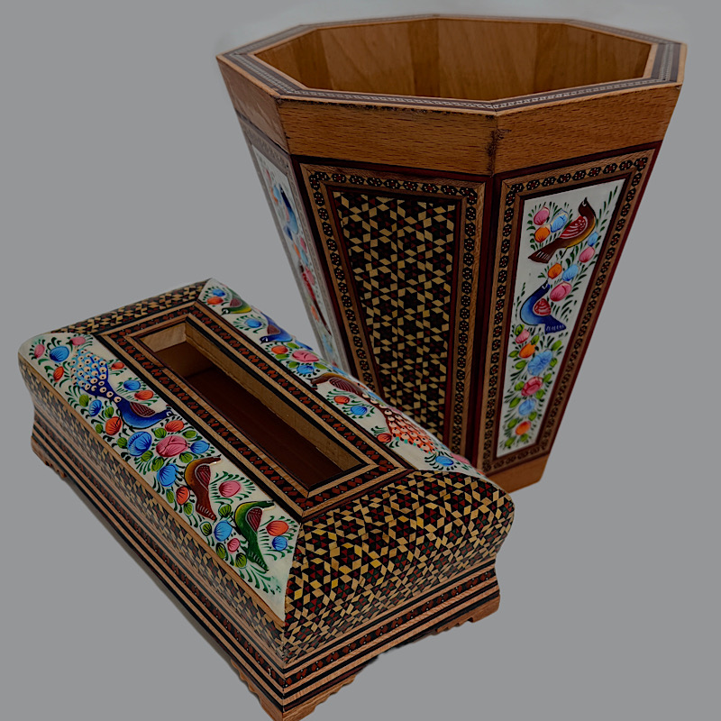ست جعبه دستمال کاغذی و سطل  خاتم کاری مدل گل و مرغ  چوبی